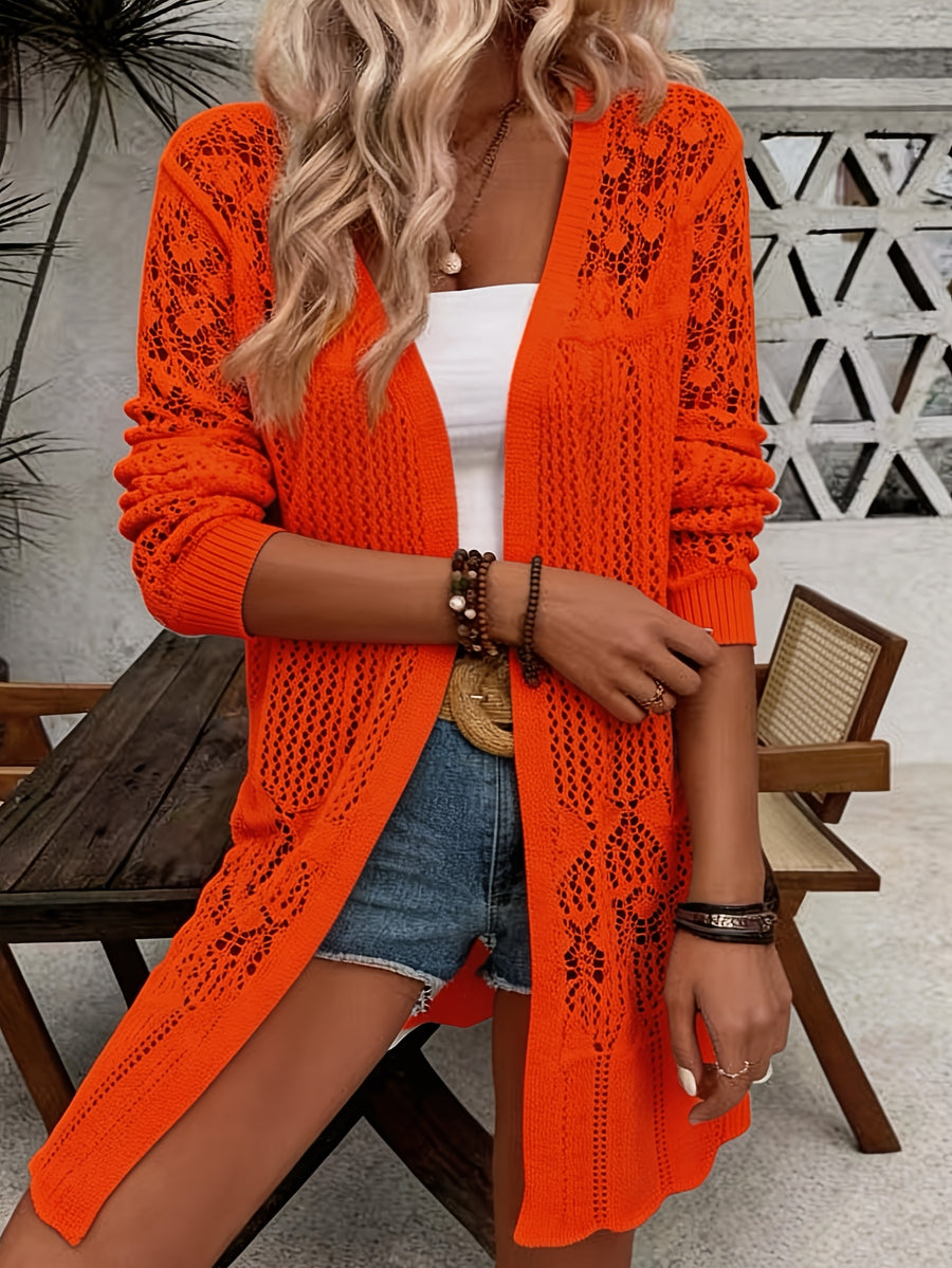 Women'S Elegant Long Sleeve Lace Open Cardigan, Suitable for Vacation, Beach - Orange Red