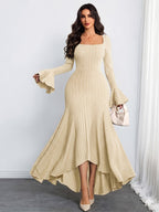Fashionable Light Luxury Style Square Neck Flared Sleeve Slim-fit Ribbed Irregular Full-skirt Dress - Apricot