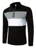 Men's Casual Color Block Long Sleeve Stand-Up Collar Top, Stylish 1/4 Zip Polo Shirt - Black
