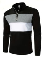 Men's Casual Color Block Long Sleeve Stand-Up Collar Top, Stylish 1/4 Zip Polo Shirt - Black
