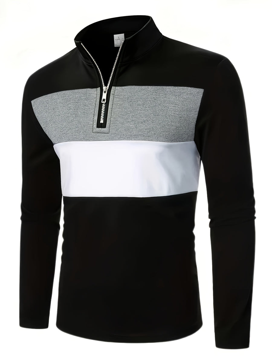 Men's Casual Color Block Long Sleeve Stand-Up Collar Top, Stylish 1/4 Zip Polo Shirt - Black