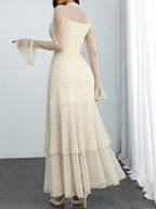 Women'S Romantic Sexy Elegant Modern Polka Dot Printed Stand Collar, Waist Double Slit Multi-Layered Skirt Dress, Suitable for Dates, Vacations, And Casual Wear, Belt Not Included - Beige