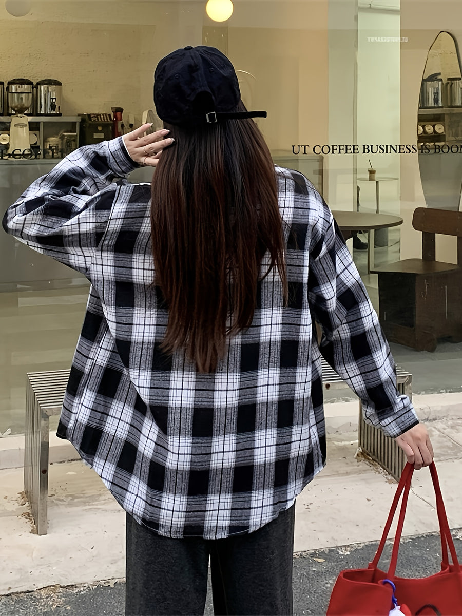 Plaid Shirt for Women, Loose And Relaxed Style, New Korean Version, Versatile Casual Top, Lightweight for Spring And Autumn, Perfect for Petite Sizes, American Retro, Hong Kong Style, Essential for Vacation And Commuting - Black And White Plaid