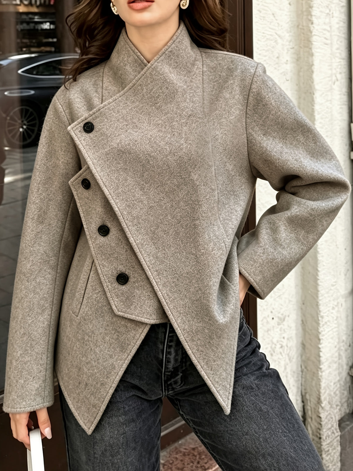 Women's Autumn/Winter New Arrival Irregular Asymmetrical Buckle Jacket, Unique Niche Design, Versatile French-Style Coat - Oatmeal Color