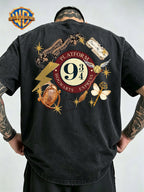 Warner Bros Official Vintage Magic Props Collection Print Washed Distressed T-Shirt, Men's 100% Pure Fabric, Casual and Comfortable Style, Loose Fit Breathable Short Sleeve Men's Casual Top, Distressed Washed Loose Fit - Black