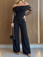 YYTT2026 New Women's Foldable Off-Shoulder Pearl Mesh Jumpsuit, Sheer Long Sleeve High-Waist Flared Pants Jumpsuit, Elegant and Generous, Suitable for Commuting, Outings, Dates, Parties, and Other Occasions - Black