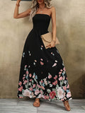 Women's Elegant Smocked Bandeau Bridesmaid Dress with Tailored Waist-Cinched Oversized A-Line Maxi Dress Suitable for Weddings, Proms, Parties - Machine Washable Wedding Guest Dress - Black