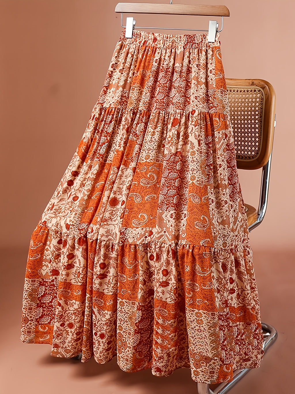 Women's Elegant Printed Midi Skirt with Elastic Waist - Multicolor