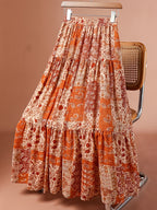 Women's Elegant Printed Midi Skirt with Elastic Waist - Multicolor