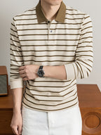 2026 Autumn Men's Long-Sleeve Striped Casual Lapel Polo Shirt - Apricot