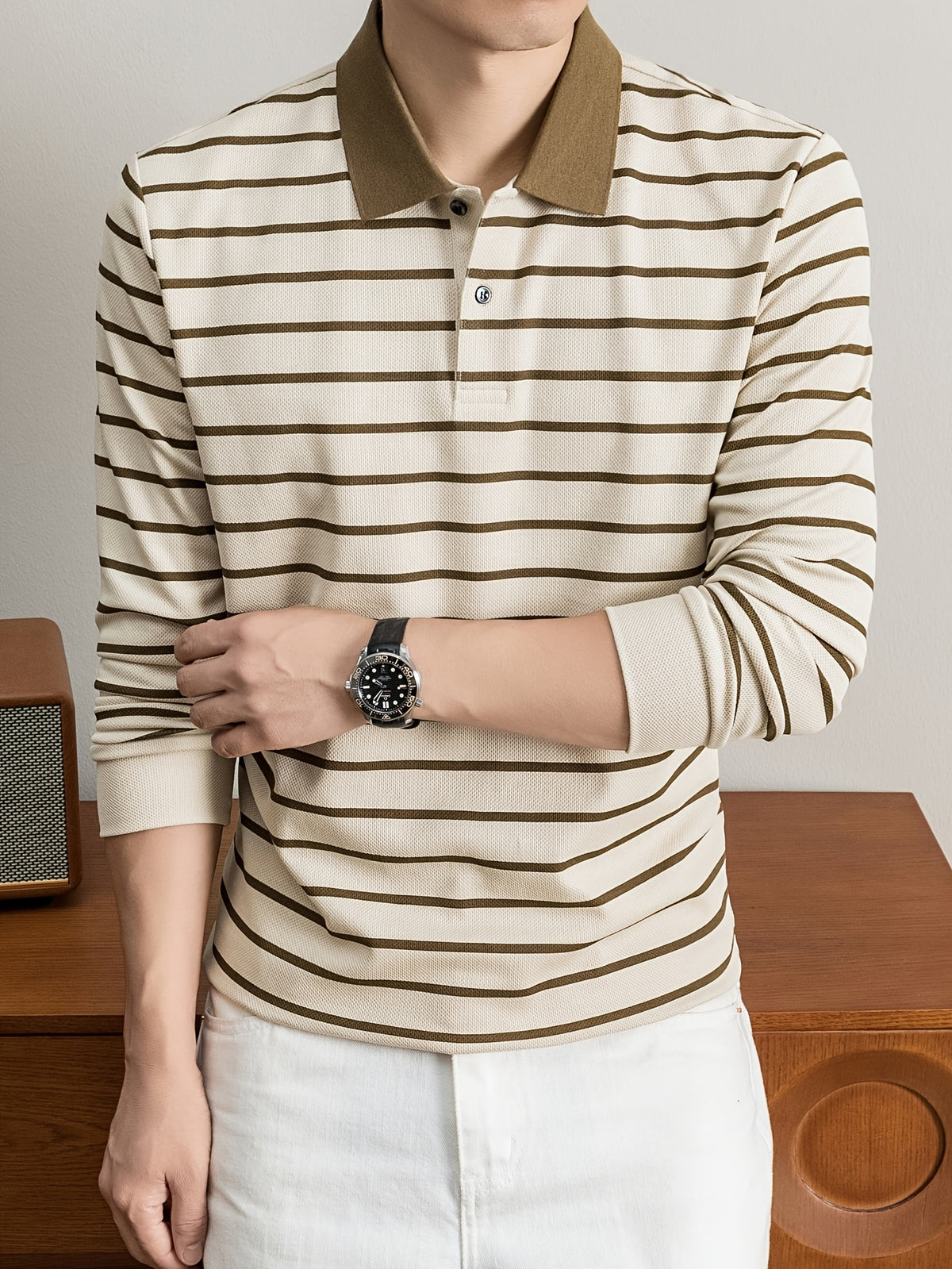 2026 Autumn Men's Long-Sleeve Striped Casual Lapel Polo Shirt - Apricot