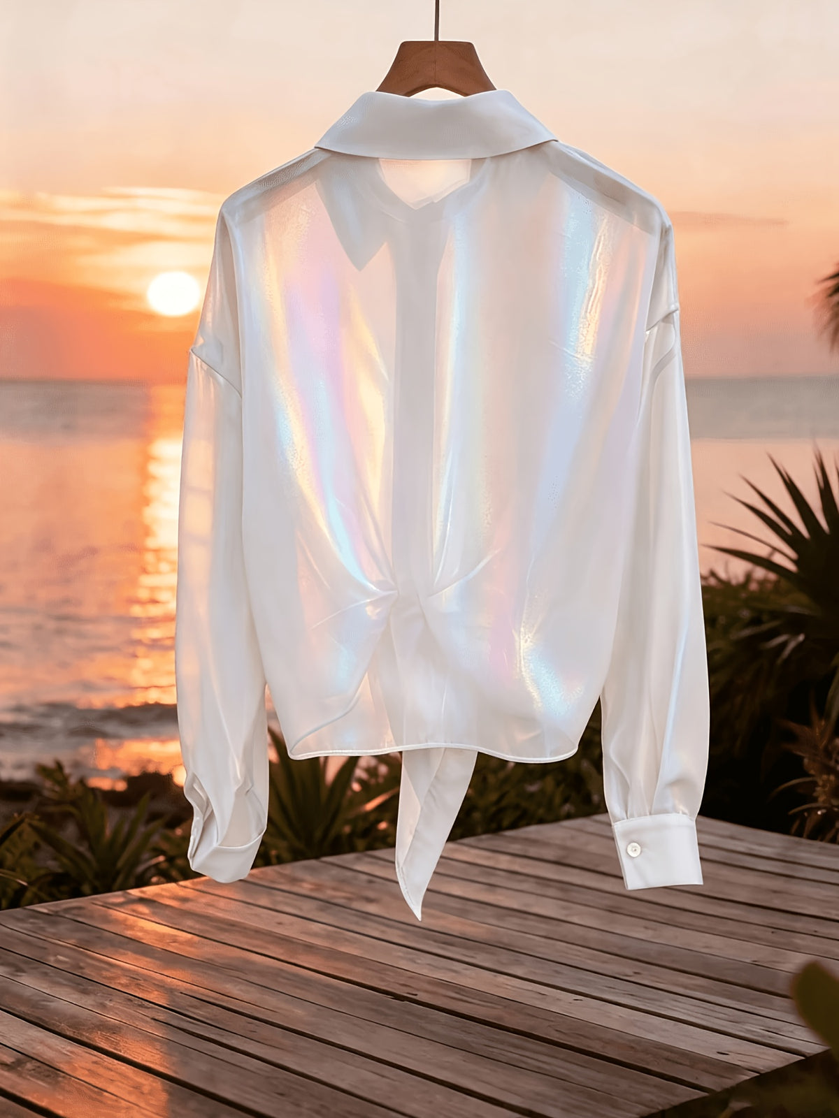Premium Iridescent Elegant Sheer Chiffon Tie-String Casual Vacation Beautiful Blouse (Women'S Style) - White