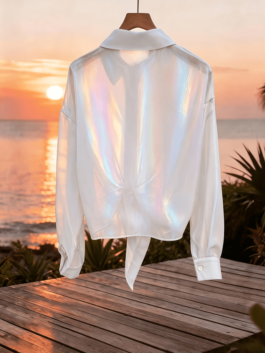 Premium Iridescent Elegant Sheer Chiffon Tie-String Casual Vacation Beautiful Blouse (Women'S Style) - White