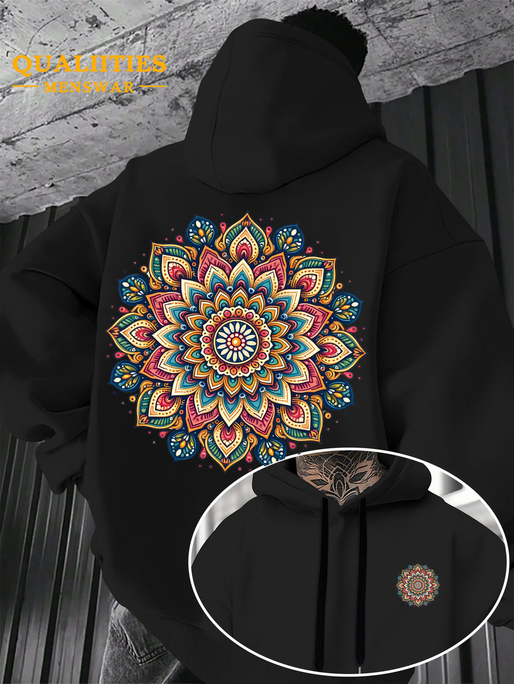 Men's "Mandala" Print Hooded Sweatshirt - Relaxed Fit, Simple and Distinctive Design, Loose Cut for Comfort and Style, Machine Washable Casual Pullover for Autumn/Winter, Suitable for Casual Wear, Hooded Sweater, Winter Apparel, Fashionable Design - Black