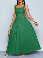 Women'S Elegant Square Neckline, Openwork Waist, Tie And Suspender Dress; Hawaiian Pleated Backless A-Line Skirt; Women'S Spring/Summer Dress; Elegant for Commuting, Casual Wear, Romantic Dates, Bridesmaid Dress - Green