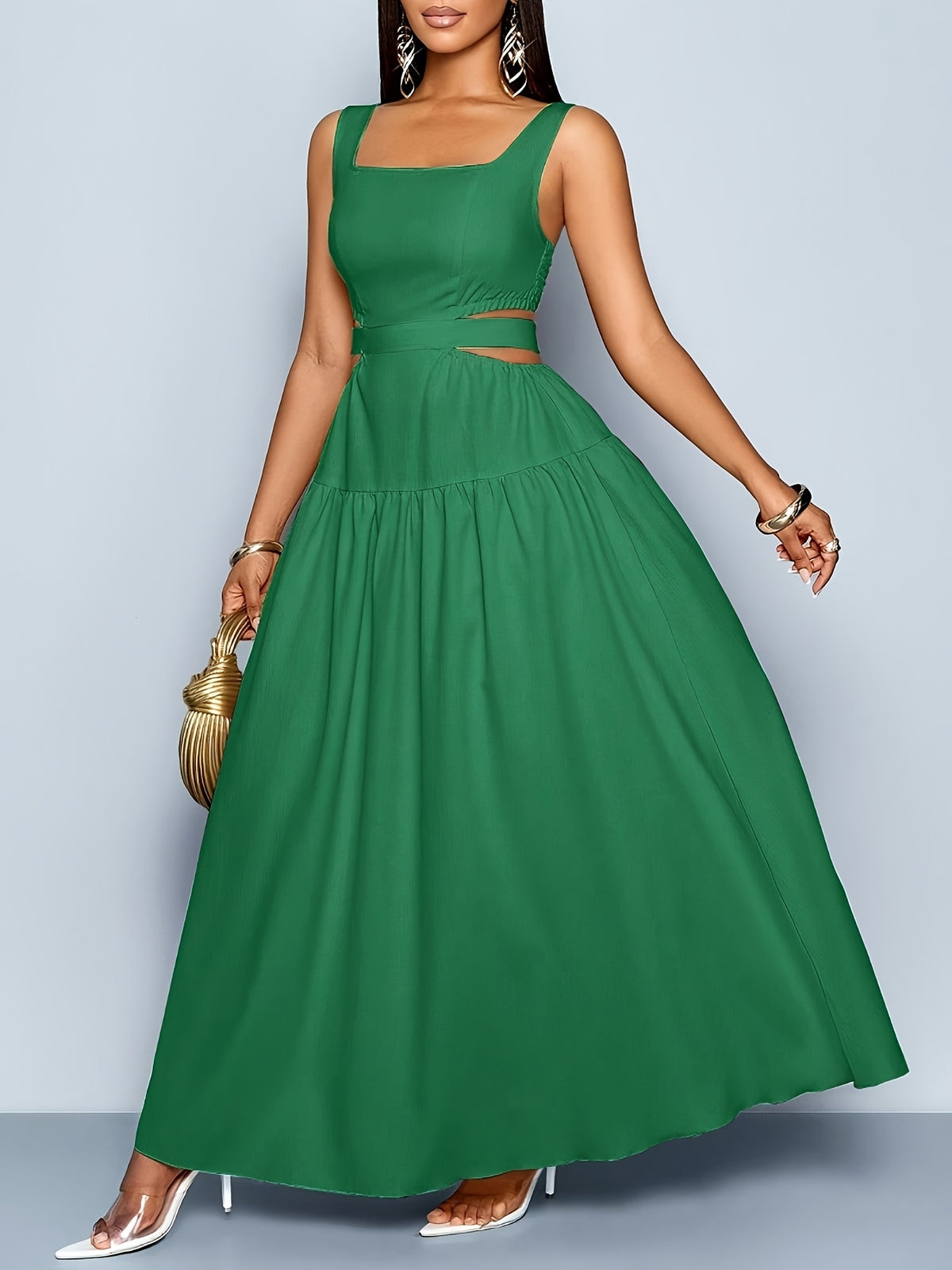 Women'S Elegant Square Neckline, Openwork Waist, Tie And Suspender Dress; Hawaiian Pleated Backless A-Line Skirt; Women'S Spring/Summer Dress; Elegant for Commuting, Casual Wear, Romantic Dates, Bridesmaid Dress - Green
