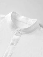 Men'S New Style Faux Linen Stand Collar Button-Up Shirt - Literary, Introverted, Fashionable, Versatile, Relaxed Texture, Trendy Loose Fit - Suitable for Beach, Vacation, Office, Formal And Casual Wear - White
