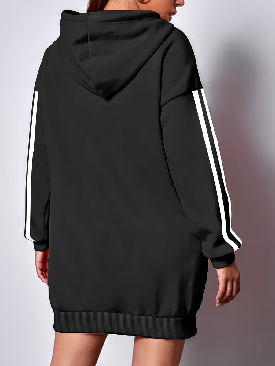Printed Hooded Sweatshirt Dress For, Autumn Winter Thickened Fleece Long Hoodie Women'S Versatile Loose Casual Long Sleeve Dress - Black 2