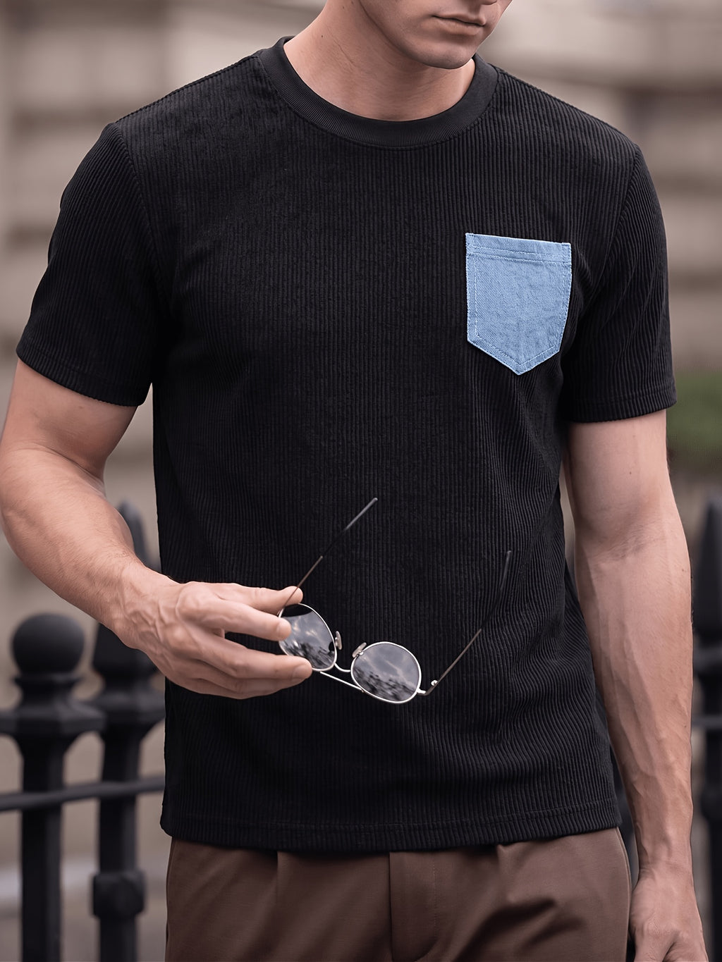 Men'S Corduroy Short Sleeve T-Shirt, Faux Denim Contrast Pocket Round Neck Top, Comfortable Soft All-Match Summer Casual Commute Loose Fit - Black