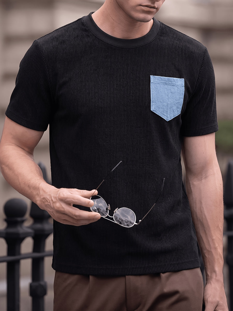 Men'S Corduroy Short Sleeve T-Shirt, Faux Denim Contrast Pocket Round Neck Top, Comfortable Soft All-Match Summer Casual Commute Loose Fit - Black