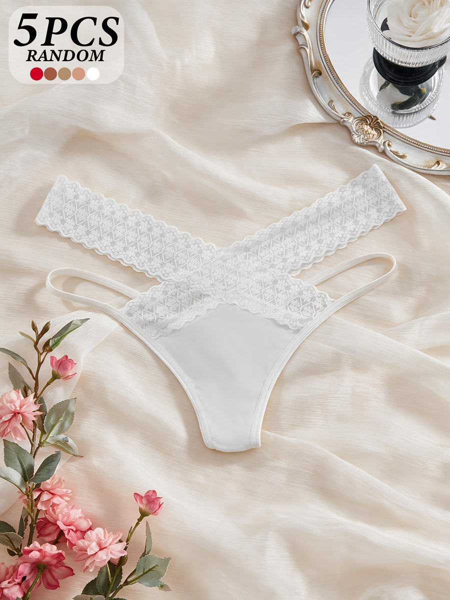 5pcs Sexy Lace Lingerie Set - Sheer Bikini Bottoms with Bow Detail, Semi-Transparent Floral Panties for Romantic Occasions, Hand Washable Solid Color Underwear for Special Events And Daily Wear, Sexy Women'S Plus Size G-String - Mixed colors