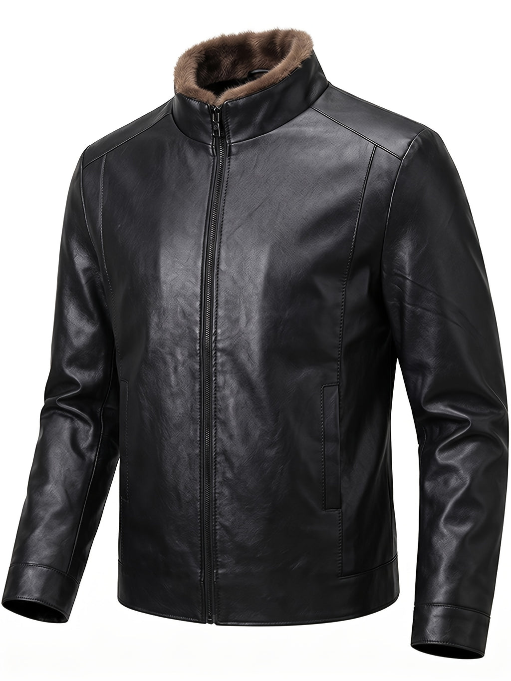 [Pearson OBM] Autumn Winter Men'S Faux Leather Jacket Casual All-Match Warm Zippered Faux Leather Jacket Outdoor Casual Top - Black