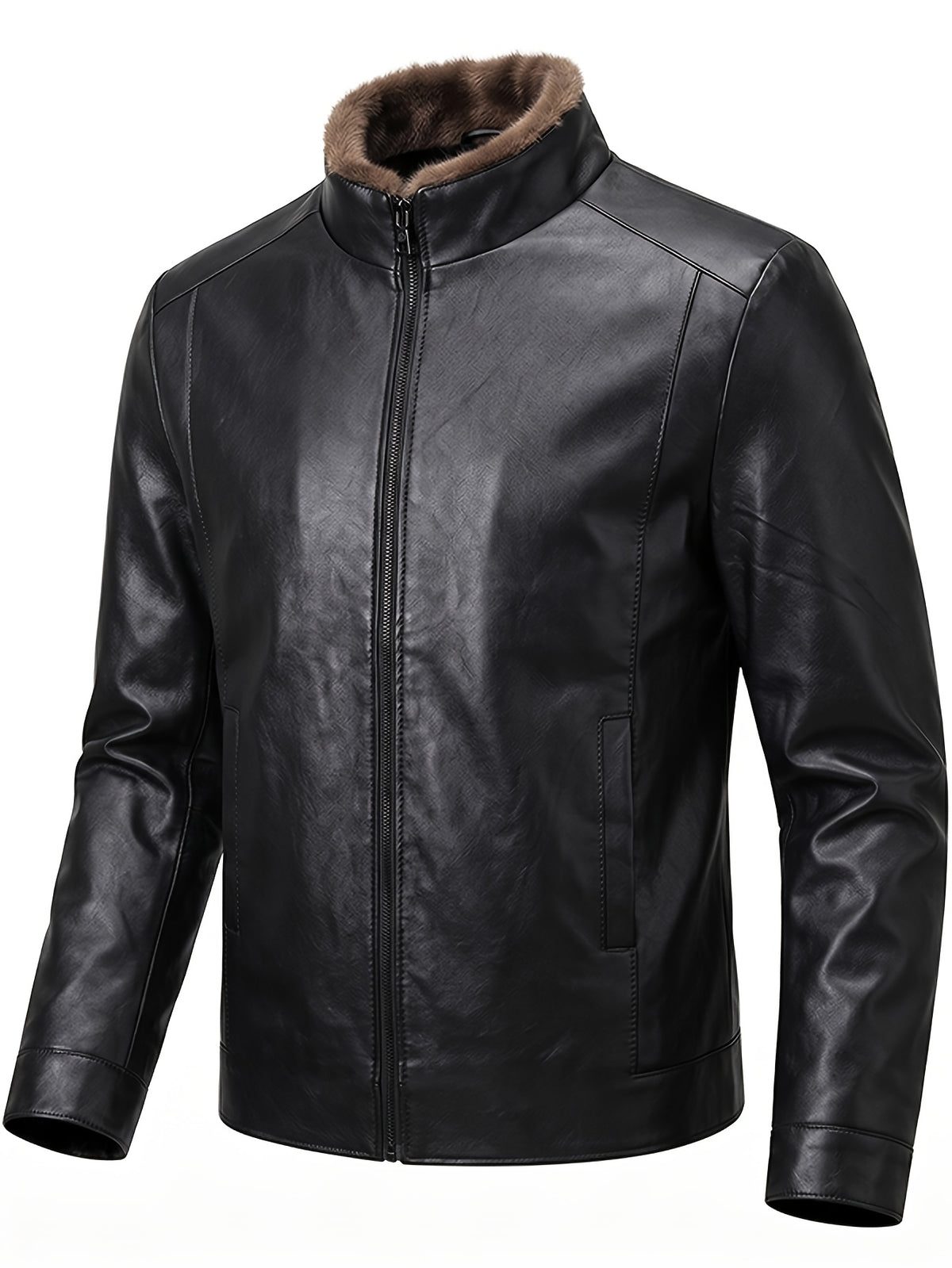 [Pearson OBM] Autumn Winter Men'S Faux Leather Jacket Casual All-Match Warm Zippered Faux Leather Jacket Outdoor Casual Top - Black