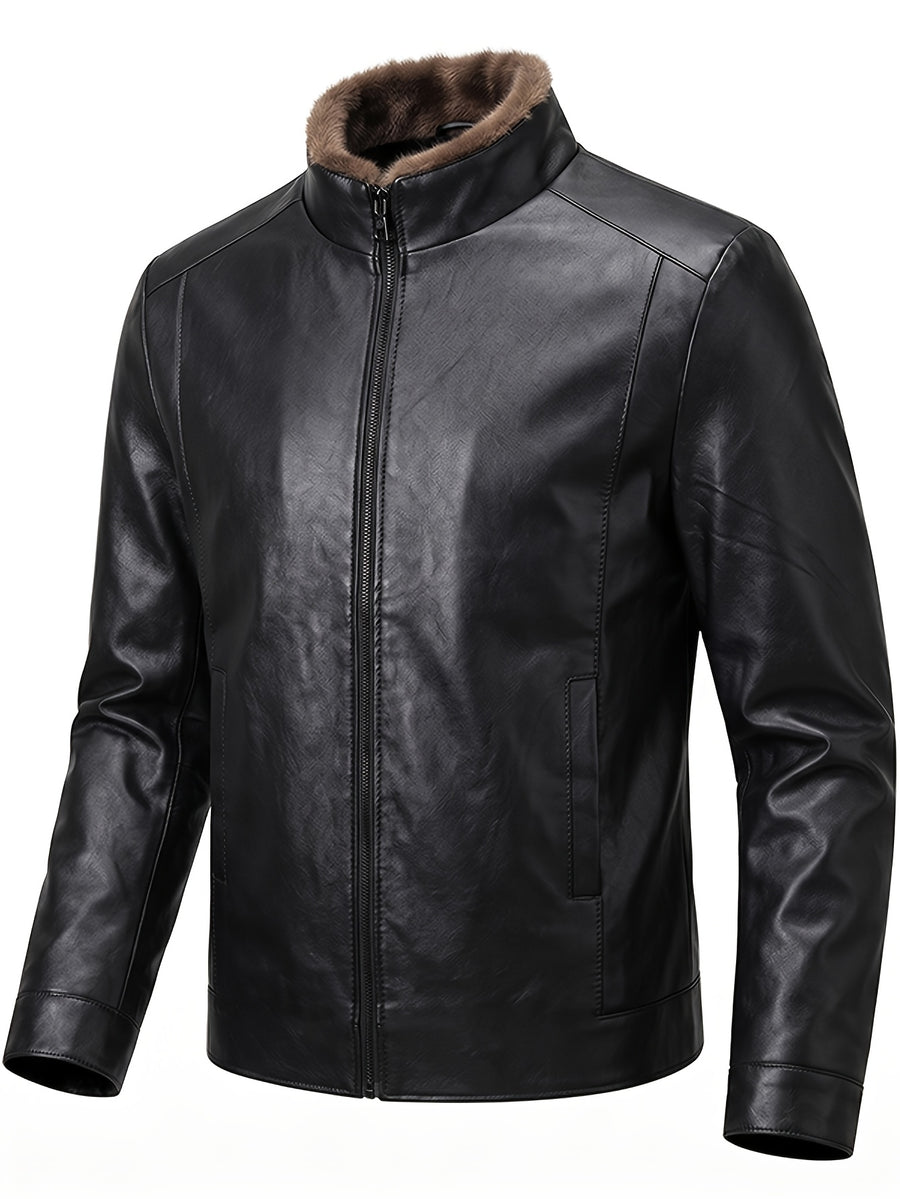 [Pearson OBM] Autumn Winter Men'S Faux Leather Jacket Casual All-Match Warm Zippered Faux Leather Jacket Outdoor Casual Top - Black