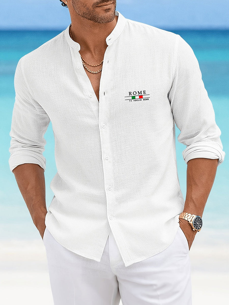 Men'S Casual Faux Linen Stand-Collar Long Sleeve Shirt, Breathable And Sweat-Absorbing Comfortable Fabric Blouse, Suitable for Outings, Parties, Beach Vacations, And Daily Wear, Machine Washable Regular Fit, Sweat-Resistant - White