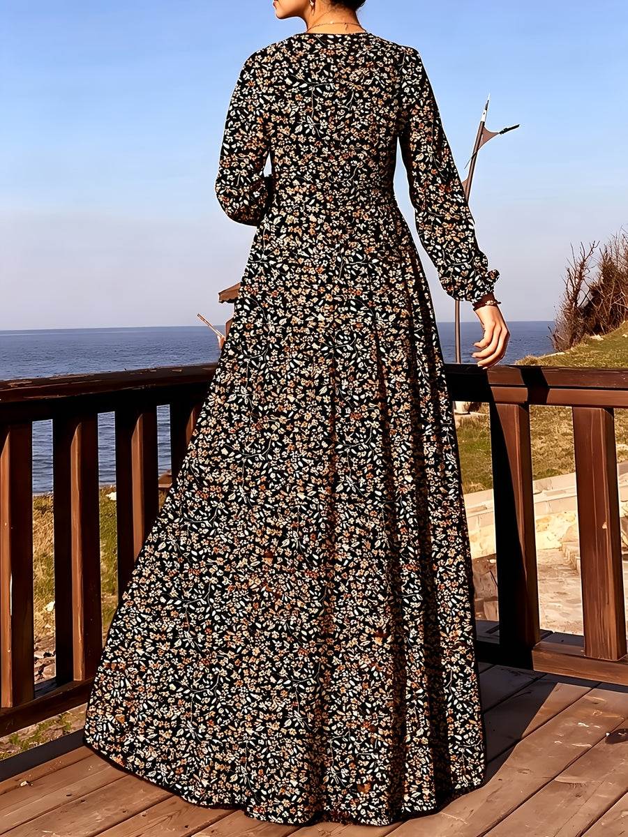 Comfortable Middle Eastern Print Long Dress Robe | Floral Pattern, Long Length, With Belt, Suitable For All Seasons - Multicolor