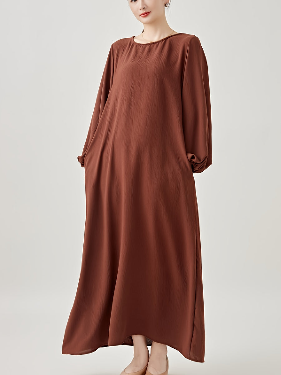 Comfortable & Casual Solid Color Muslim Dress with Bubble Pleats, Elastic Cuffs, and Flowy Hem - Polyester, Machine Washable - Dark Brown