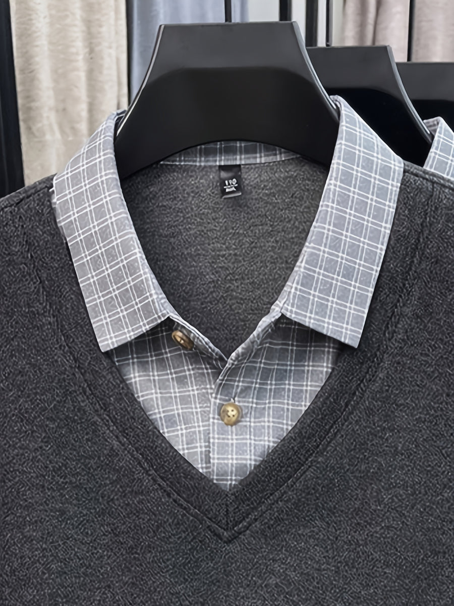 Men'S Plaid Shirt Collar Faux Two-Piece Knit Long Sleeve, Business Casual Fit for Most Body Types, Suitable for Single Wear Or Layering - SINBOS - Graphite gray