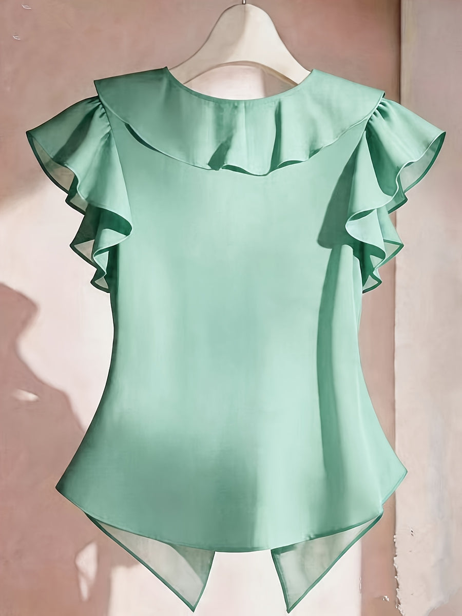Summer French Solid Ruffled Fly Short Sleeve Shirt Chiffon Top Women'S - Viridity