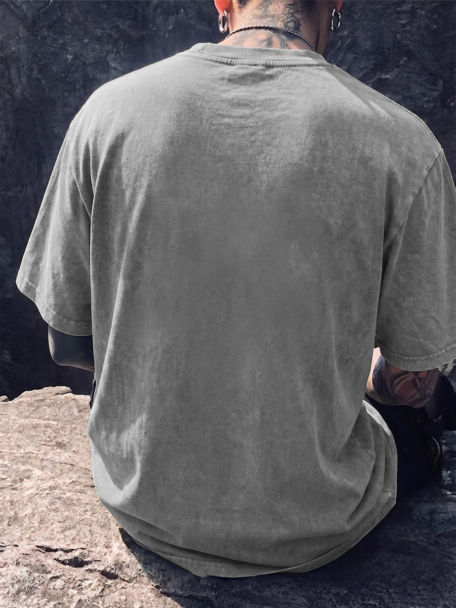 Men's Short-Sleeve T-Shirt, Pure Cotton Loose Fit Washed Distressed Top, Small Phoenix Compass Print, Trendy Print, 12 Colors for Mix and Match, American Street Style High Street Hip-Hop Couple's Outfit for Daily Streetwear, Commuting - Grey