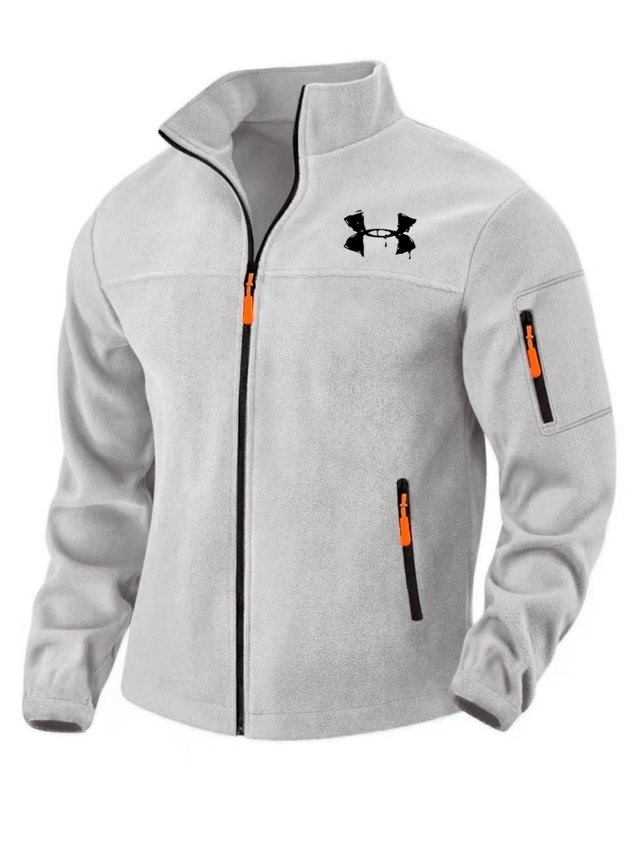 Men'S Autumn Winter Trendy Fleece Jacket, All-Match Style with Multiple Pockets, Casual Commute Top, New Men'S Techwear Stand-Collar Jacket with Full Zipper, Fashionable Print Top - Light Grey