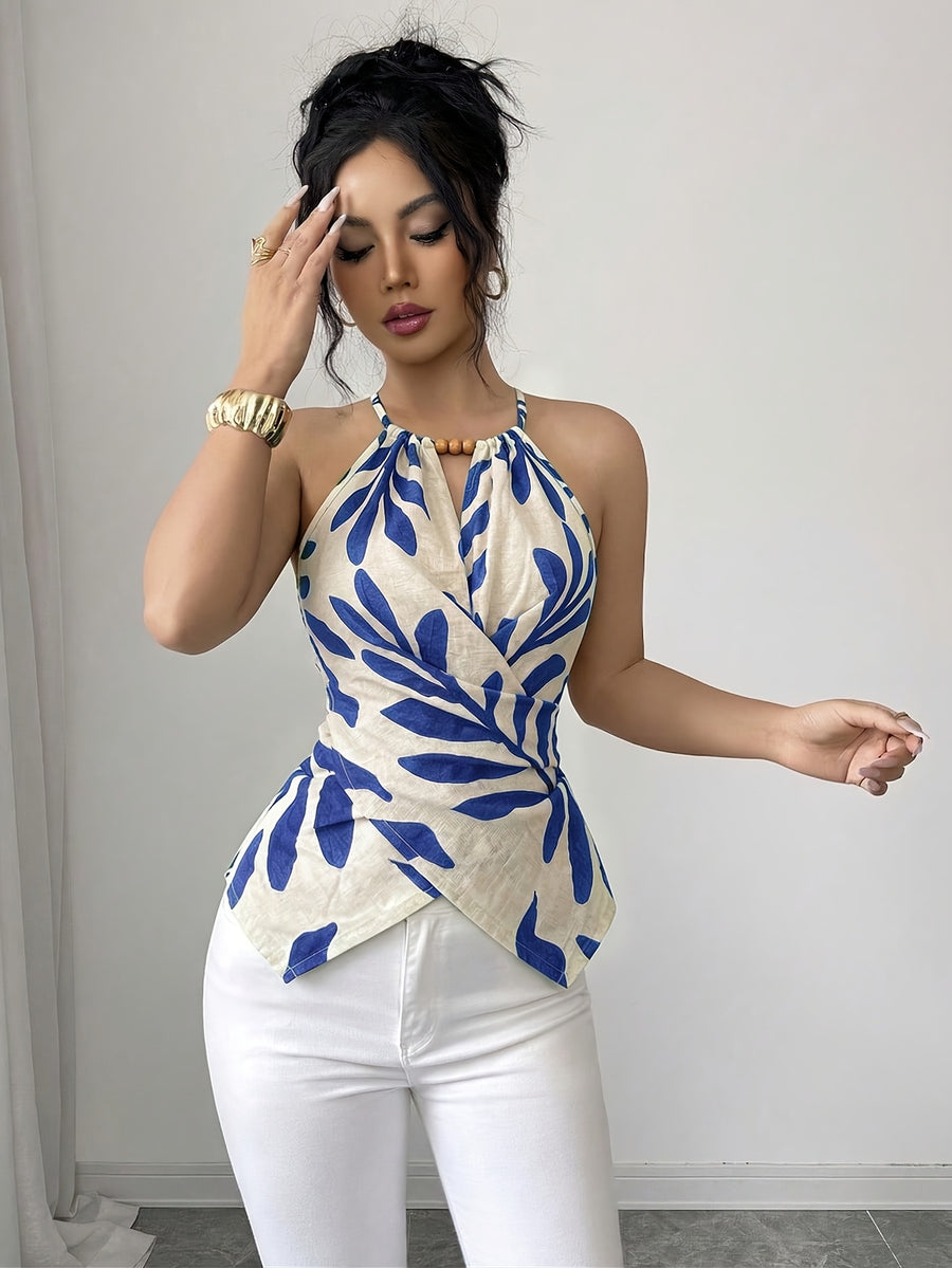 Women'S Casual Vest, Plant Print Cross Back Tie Off-Shoulder Vest, Suitable for Shopping, Vacation, Beach, Travel, Casual Wear - Blue