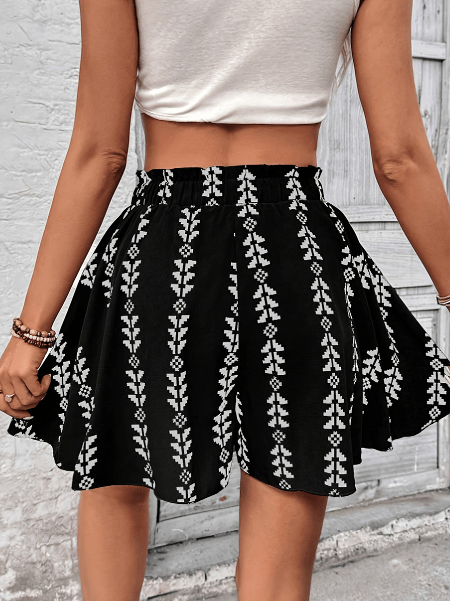 Women'S Elegant Front-Tie Bow Full Print Casual Skort, Suitable for Casual, Vacation, And Daily Multi-Occasion Wear, Elastic Waist - Black