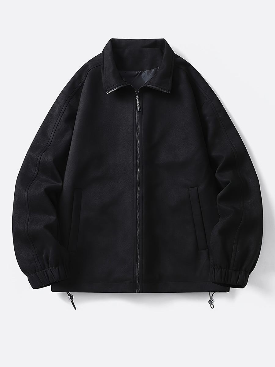 Men's Solid Color Stand Collar Zipper Jacket, New Spring/Autumn Simple Casual Workwear Outerwear, Loose-Fitting Versatile Fashion Top with Inner Pockets, Elastic Cuffs and Hem, Men's Daily Commuter Jacket - Black