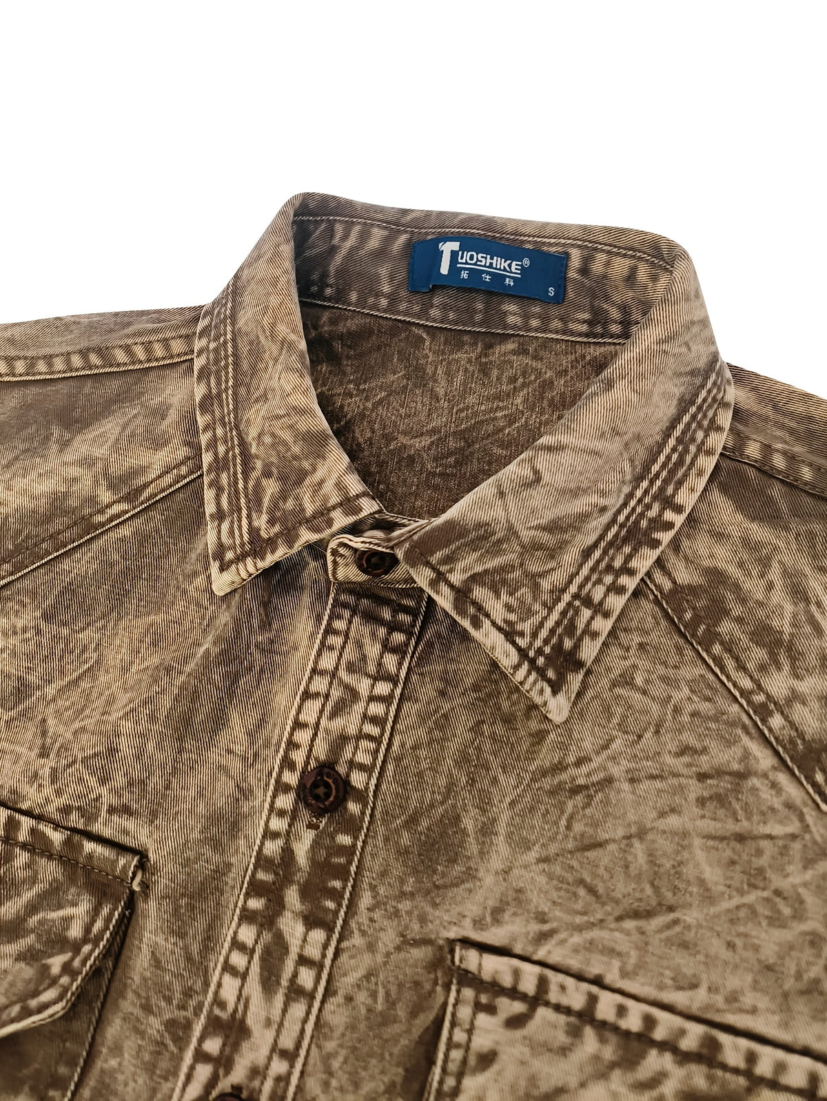 Spring And Autumn Style Men'S Retro Workwear Denim Shirt, Handmade Washed And Aged Tie-Dye Texture Yellow Denim Top, Double Patch Pocket Design, Street Trend Top, Daily Commute Versatile Outerwear Or Inner Layer, Nostalgic Shirt - Yellowish-brown