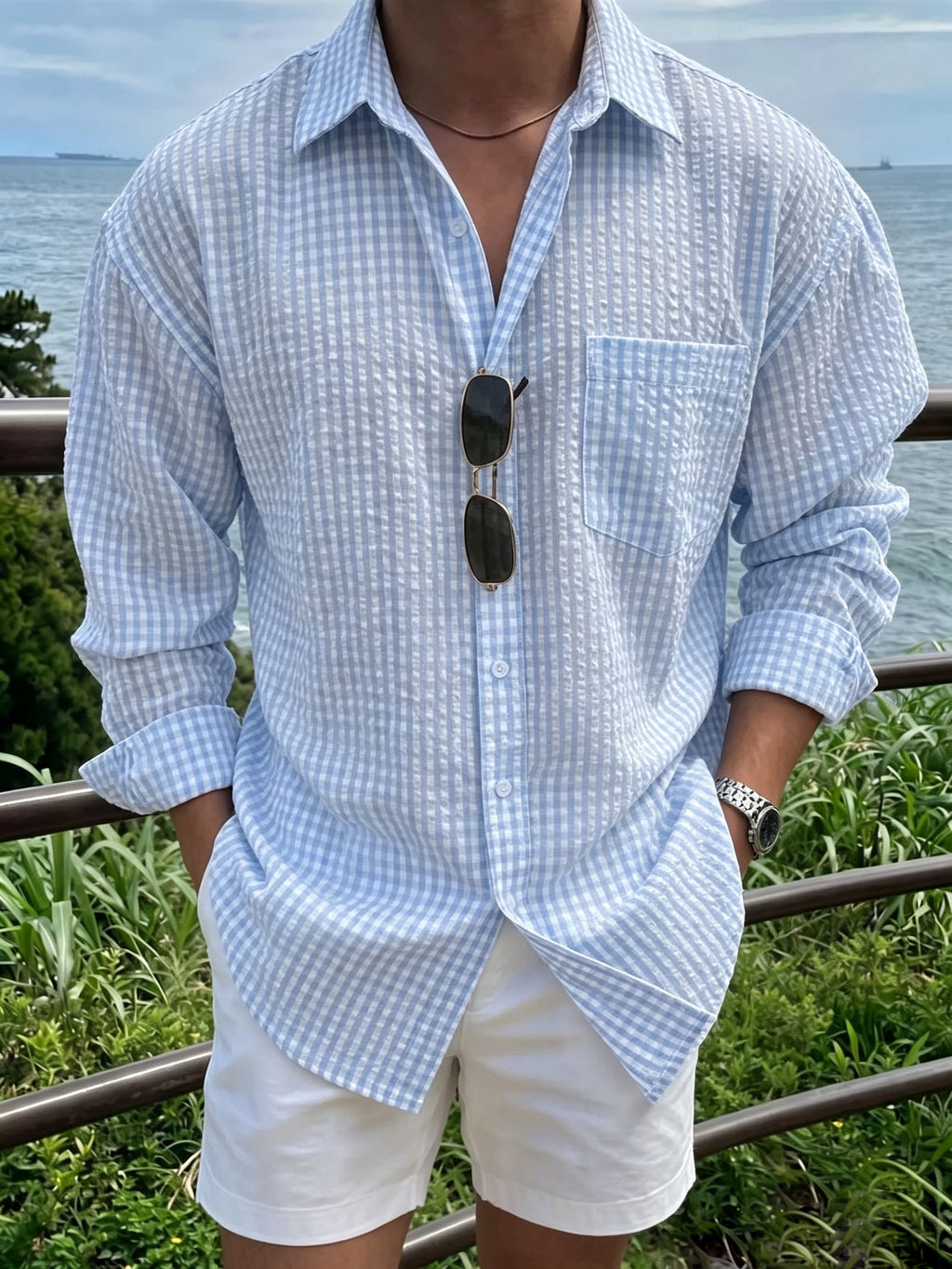 Men'S Striped Lapel Long Sleeve Shirt, Casual Loose Button- Blouse - Blue