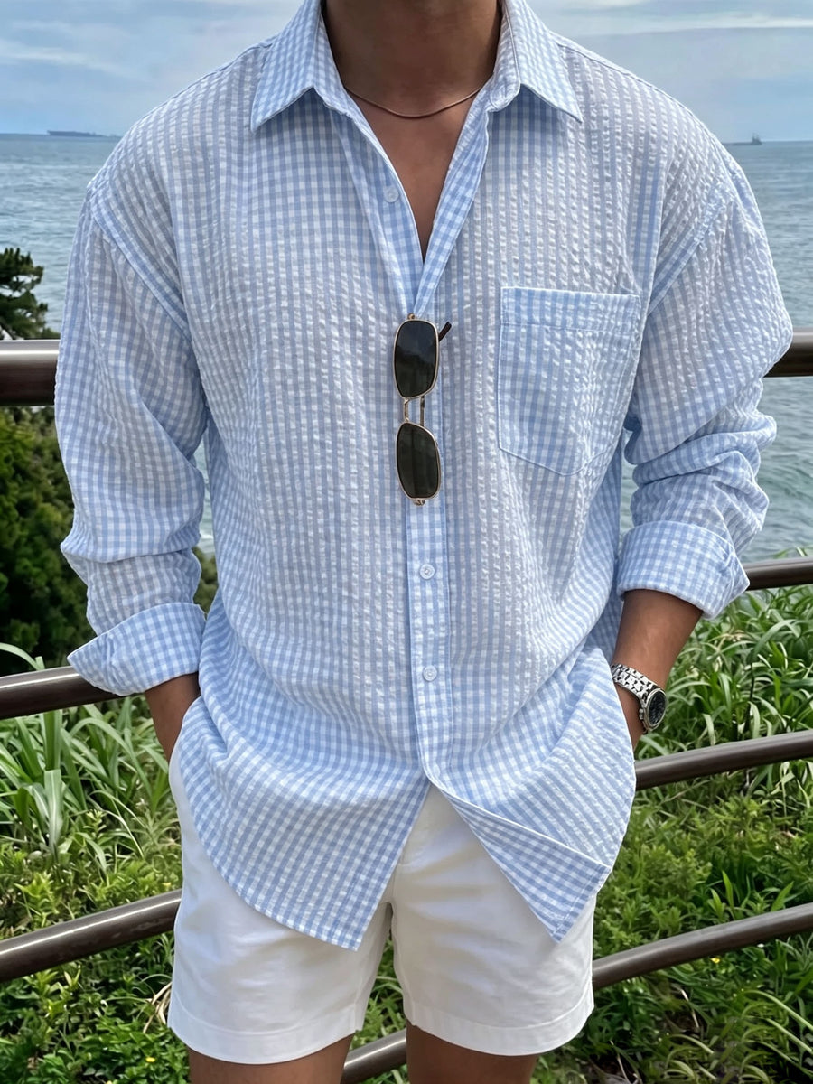 Men'S Striped Lapel Long Sleeve Shirt, Casual Loose Button- Blouse - Blue