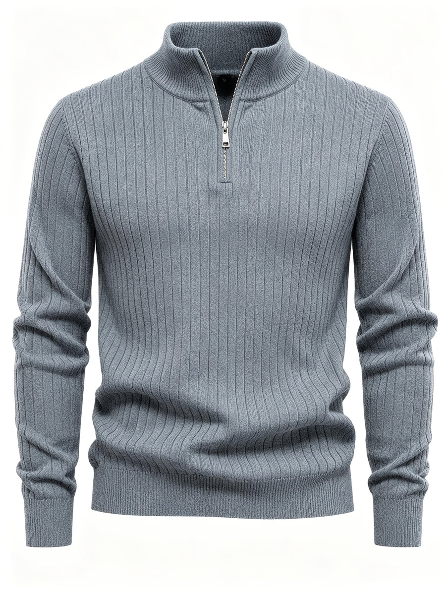 Autumn/Winter New Men's Stand Collar Zipper Design Fashionable Sweater, Knitted Versatile Stretchy Long-Sleeve Pullover with Small Rib Texture, for Home and Commuting, Vintage Men's Top - Flecking Gray