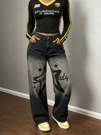 Women's Fashion Loose Wide-Leg Jeans with Elastic Waist and Print - Black