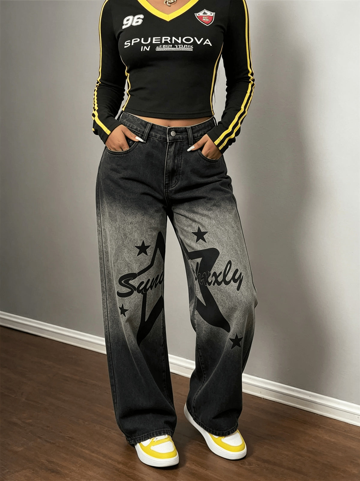 Women's Fashion Loose Wide-Leg Jeans with Elastic Waist and Print - Black