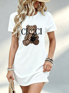 Printed Design Not Textured, Casual Ladies Dress, Teddy Bear And Letter Print, Daily Wear, Gift for Girlfriend, 100 Percent Polyester - White