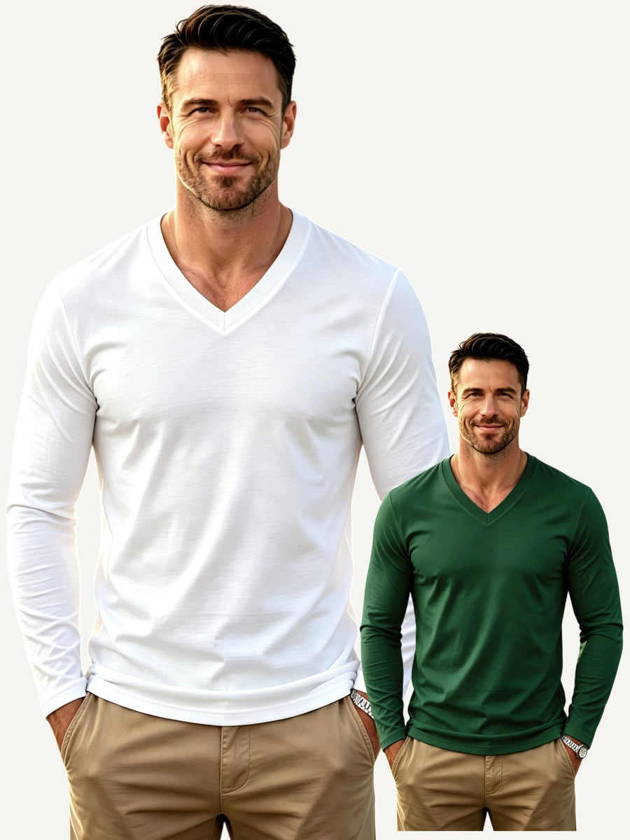 100%, 2pcs Men'S V-Neck Long Sleeve T-Shirts, Men'S Knit Sweatshirts, Casual Athletic Ribbed Neck Tops - White+dark Green