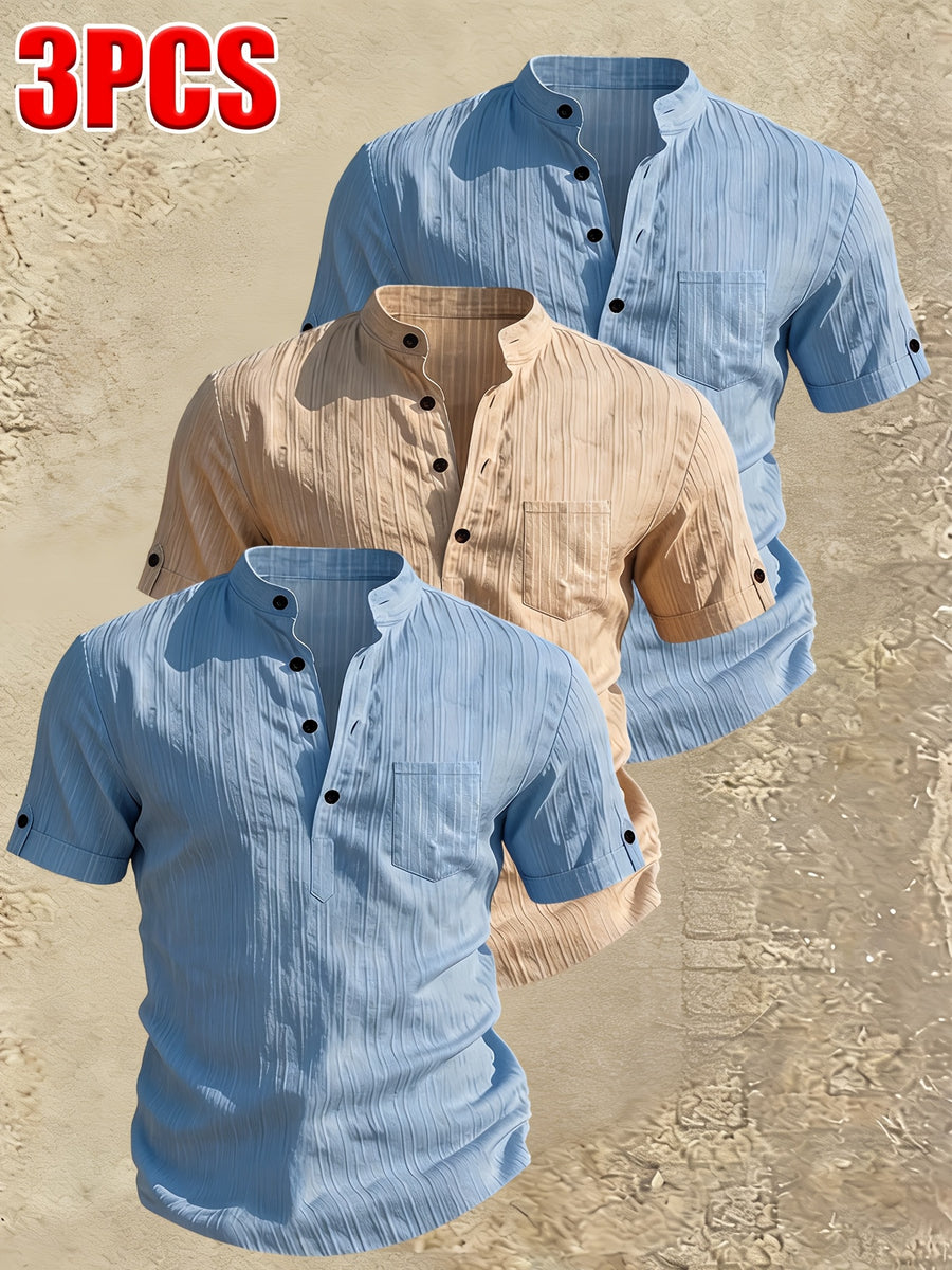 Men's Stand Collar Henley Short Sleeve Shirt 3pcs, Vertical Stripe Texture Half-Button with Pocket Top, Summer Breathable Casual Vacation 3pcs Versatile Men's Shirt Set - blue+blue+khaki