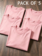 5pcs Set, 5pcs, Solid Color Round-Neck Fashionable Easy Slim-Fit Loose Short-Sleeve T-Shirt, Summer/Spring Women'S 5pcs Top Set, Available in Small Or - Peach