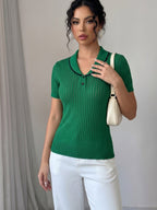 Women'S Summer Clothing Short Sleeve Solid Color Sweater, Lapel Hollow Out Design, Slim Fit Style Pullover, Spring Summer Season - Green