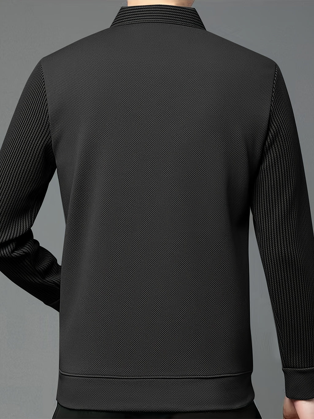 [Pearson OBM] Men'S Faux Two-Piece Long Sleeve Polo Shirt, Business Casual Style, Knit Collar V-Neck Patchwork Design with Button Placket, Ribbed Striped Cuffs And Collar, Mid-Career Men'S Business Top for Daily Gatherings And Commuting - Black